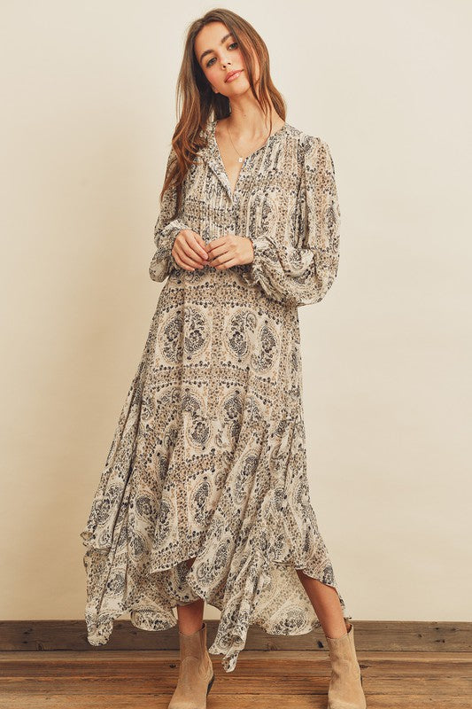 LAST CALL SIZE S | Paisley Print Handkerchief Hem Long Sleeve Dress