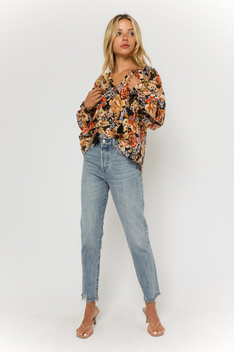 Fall Florals Button Down Peasant Blouse