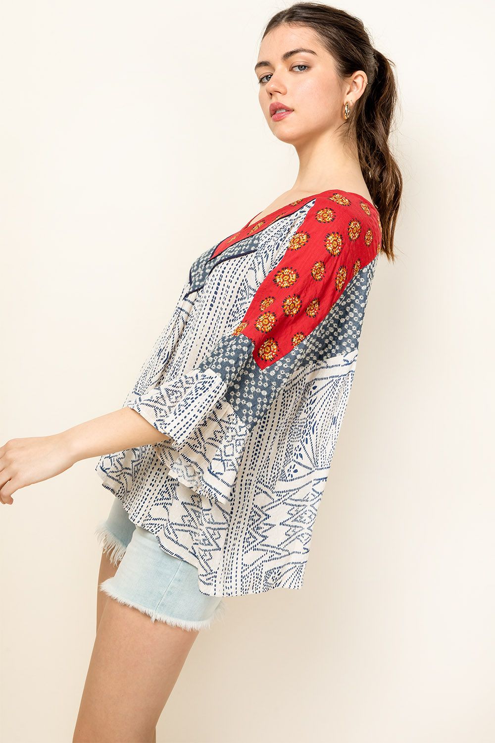 Mixed Print Mid Bell Sleeve Top