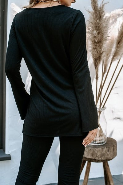 Ribbed Bell Sleeve Tunic Top in Black