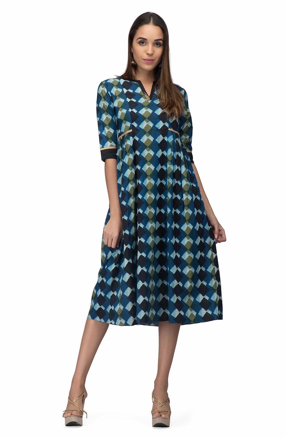 Women's Abstract Blue Side Pleat Cotton Dress | The Svaya