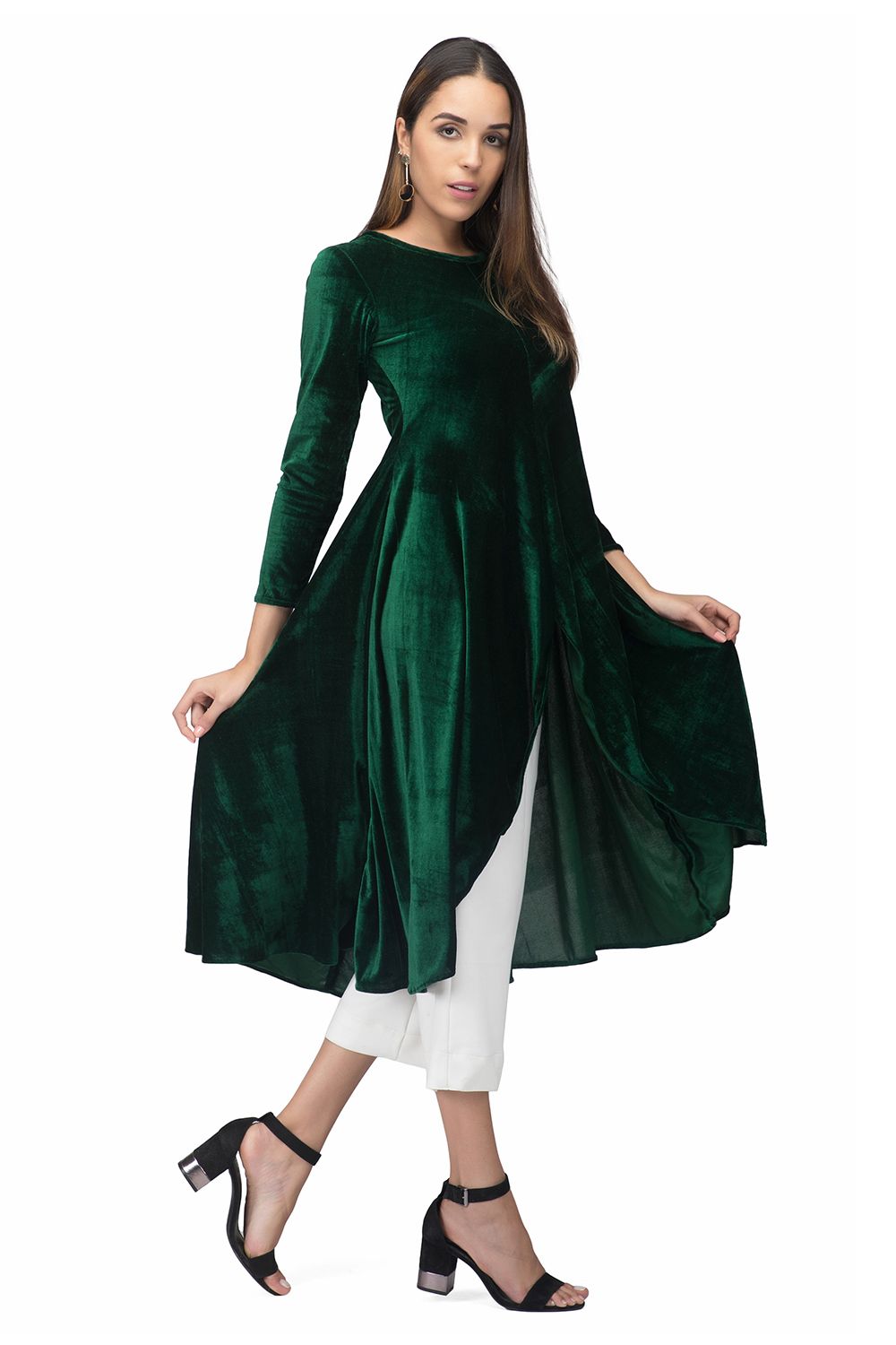 Green Asymmetrical Velvet Kurta For Women – The Svaya
