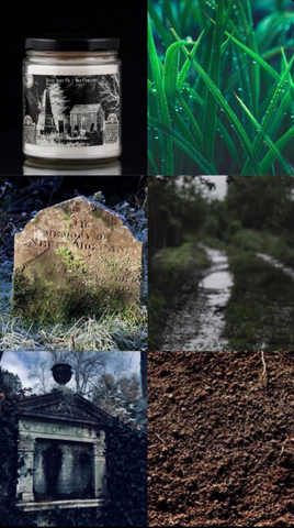 scent mood board for old cemetery featuring mossy headstones, dirt, rain, and grass