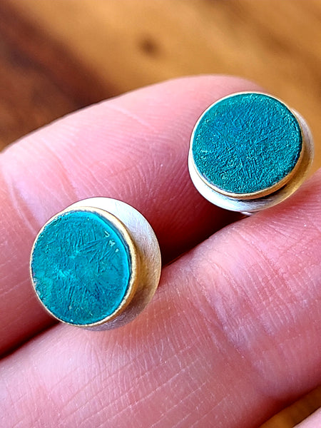 Verdigris stud earrings with silver and brass