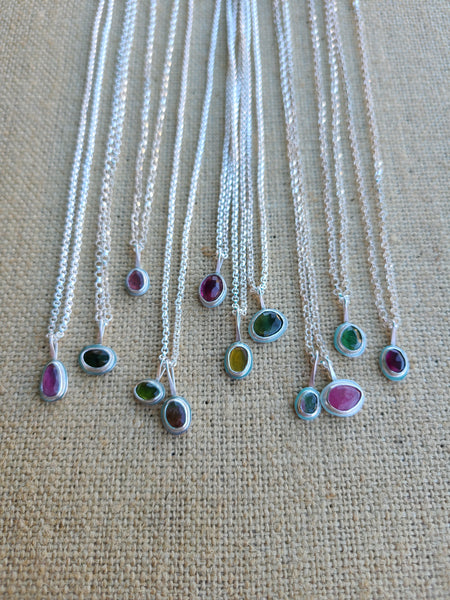 Sterling silver necklaces set with colorful rose-cut tourmaline gemstones