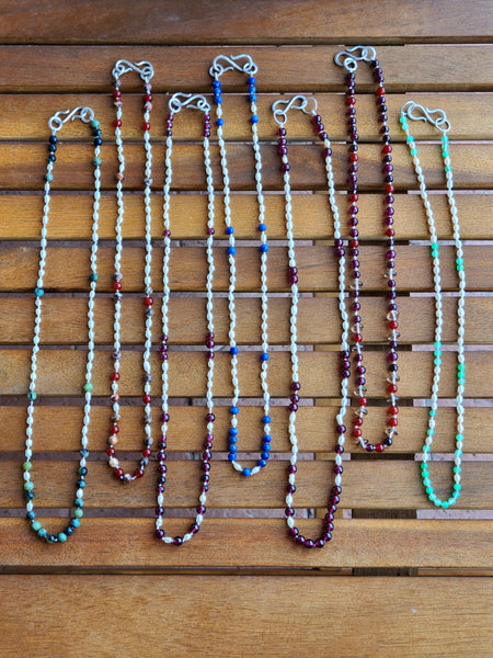 Freshwater pearl and natural stone beaded necklaces on silk cord