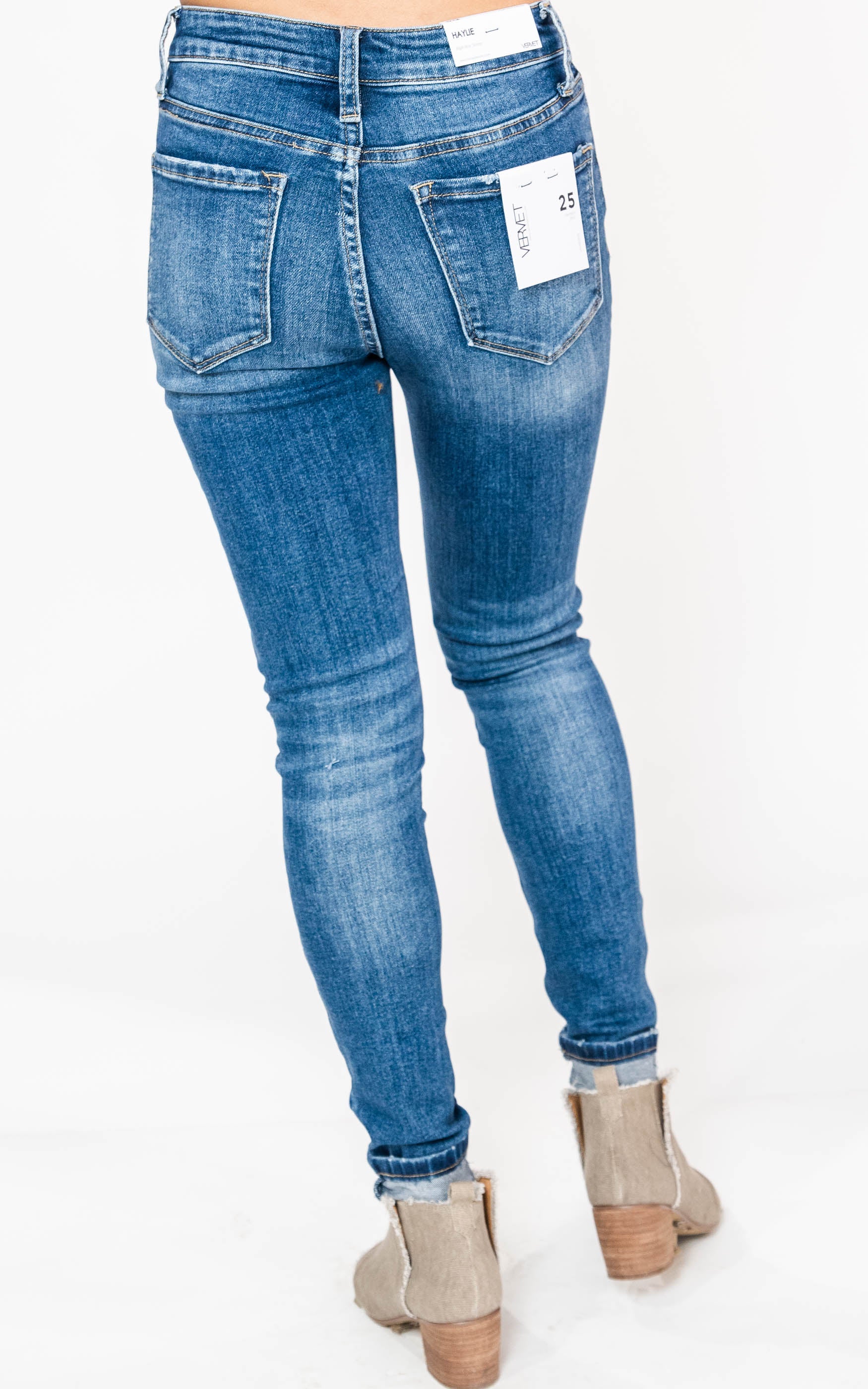 Med Wash Button Fly High Rise Skinny Jeans - Vervet | BAD HABIT BOUTIQUE
