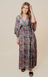 Blue Paisley Kimono Maxi Dress - Blue/Pink/Black - Final Sale