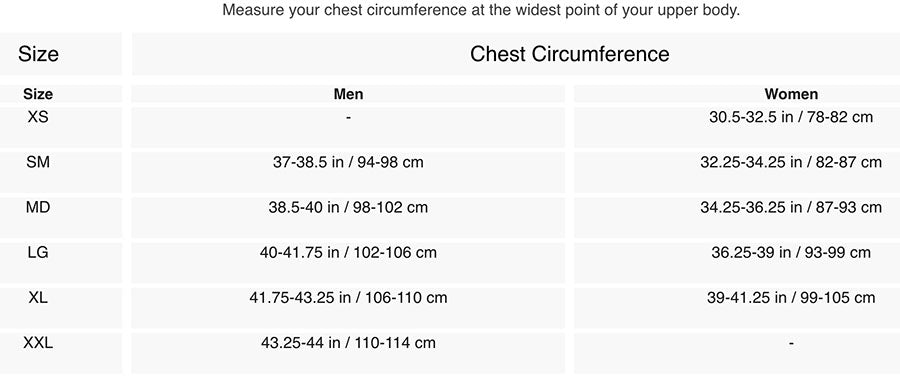 CEP sizing chart Wingtech Shirts Tanks