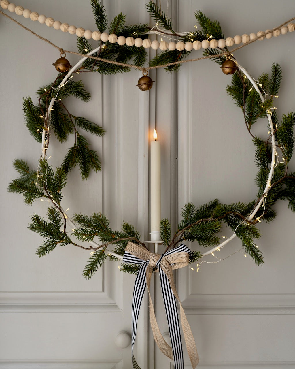 Metal Hoop with Faux Garland and Cluster Lights 