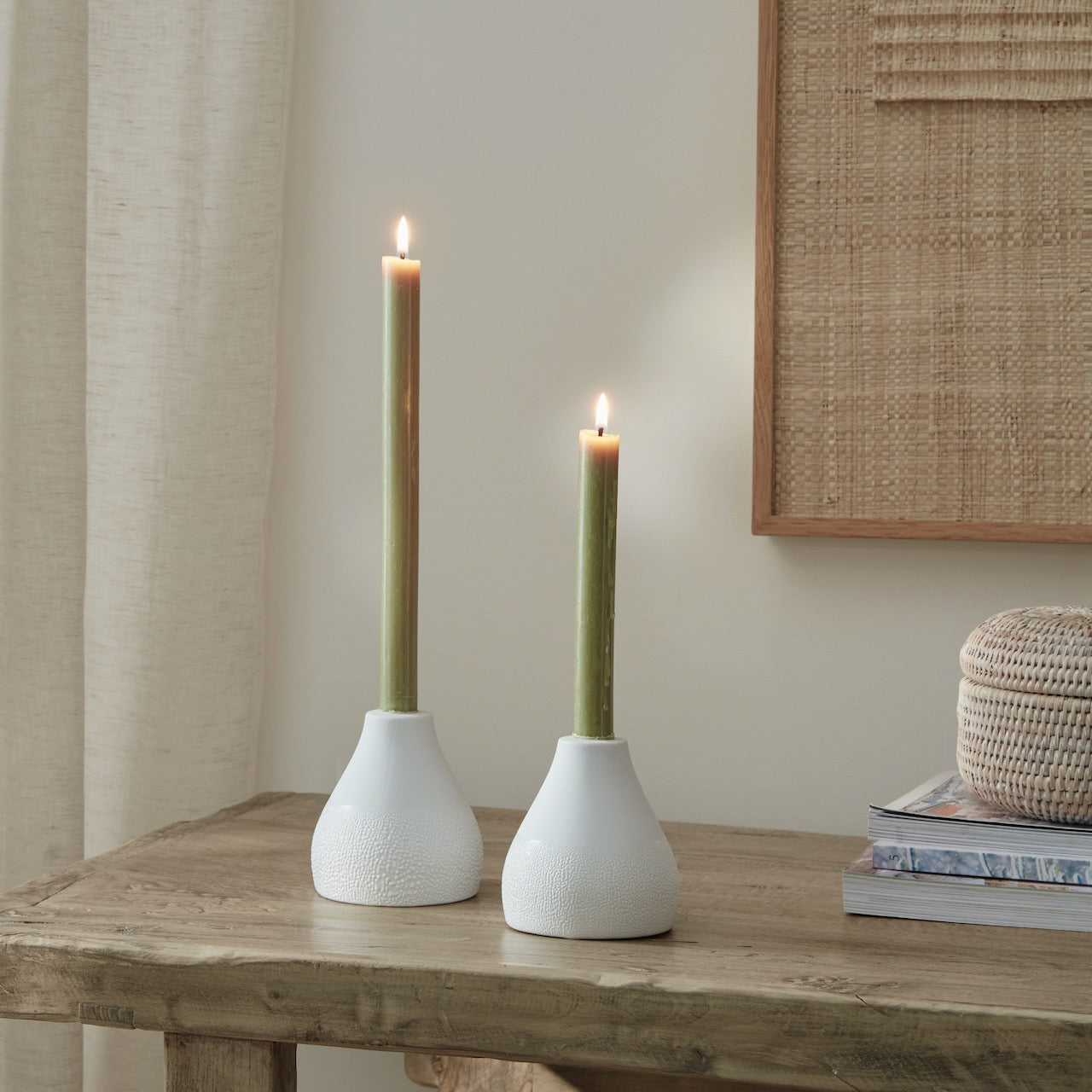 Set of 2 Textured White Candle Holder Short