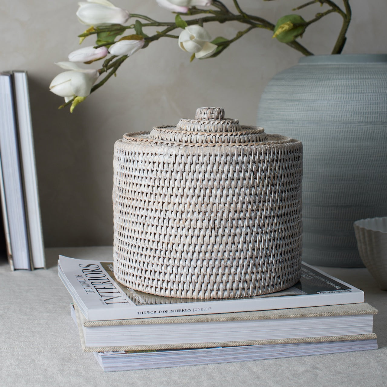 White Rattan Medium Lidded Storage Box