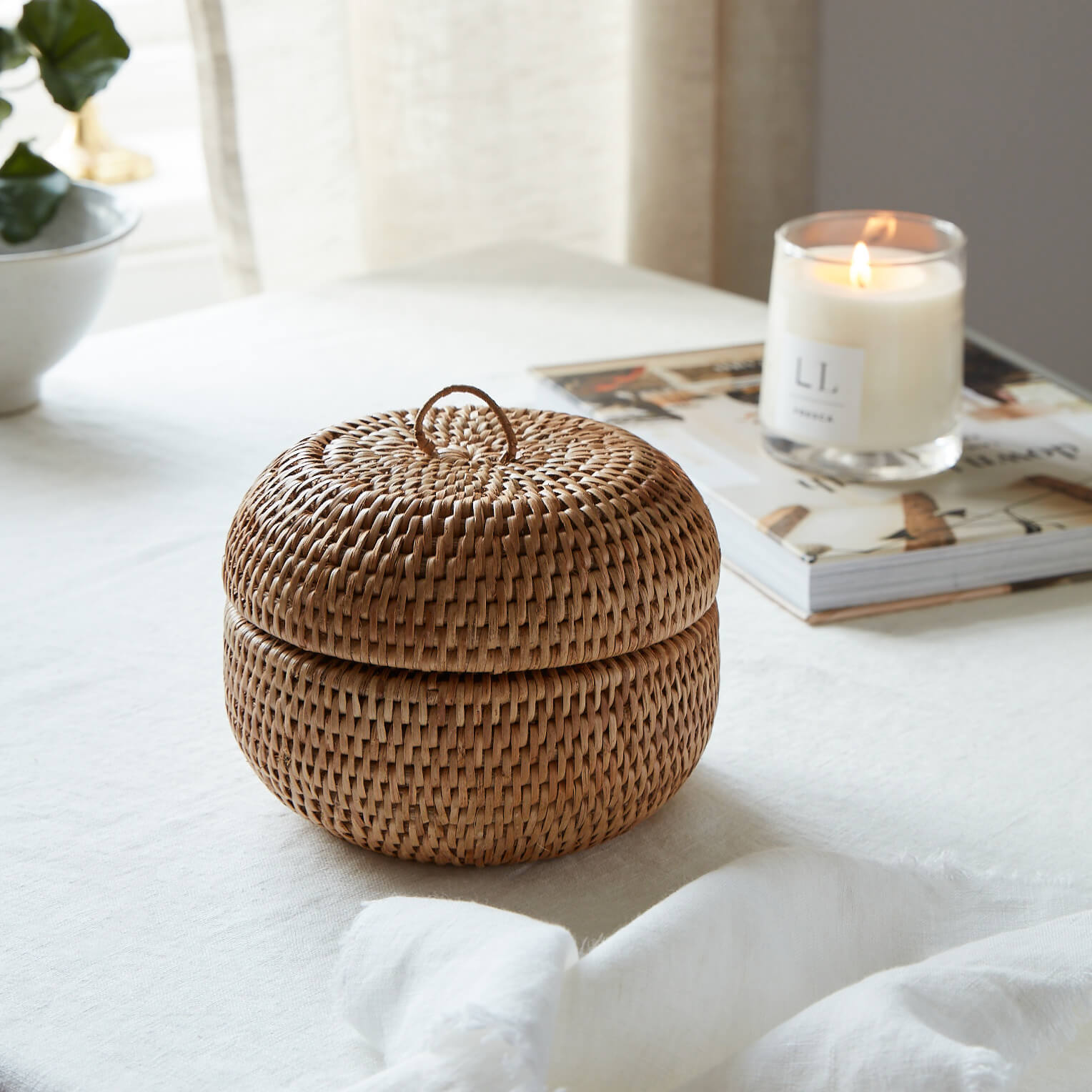 Round Rattan Storage Box Natural