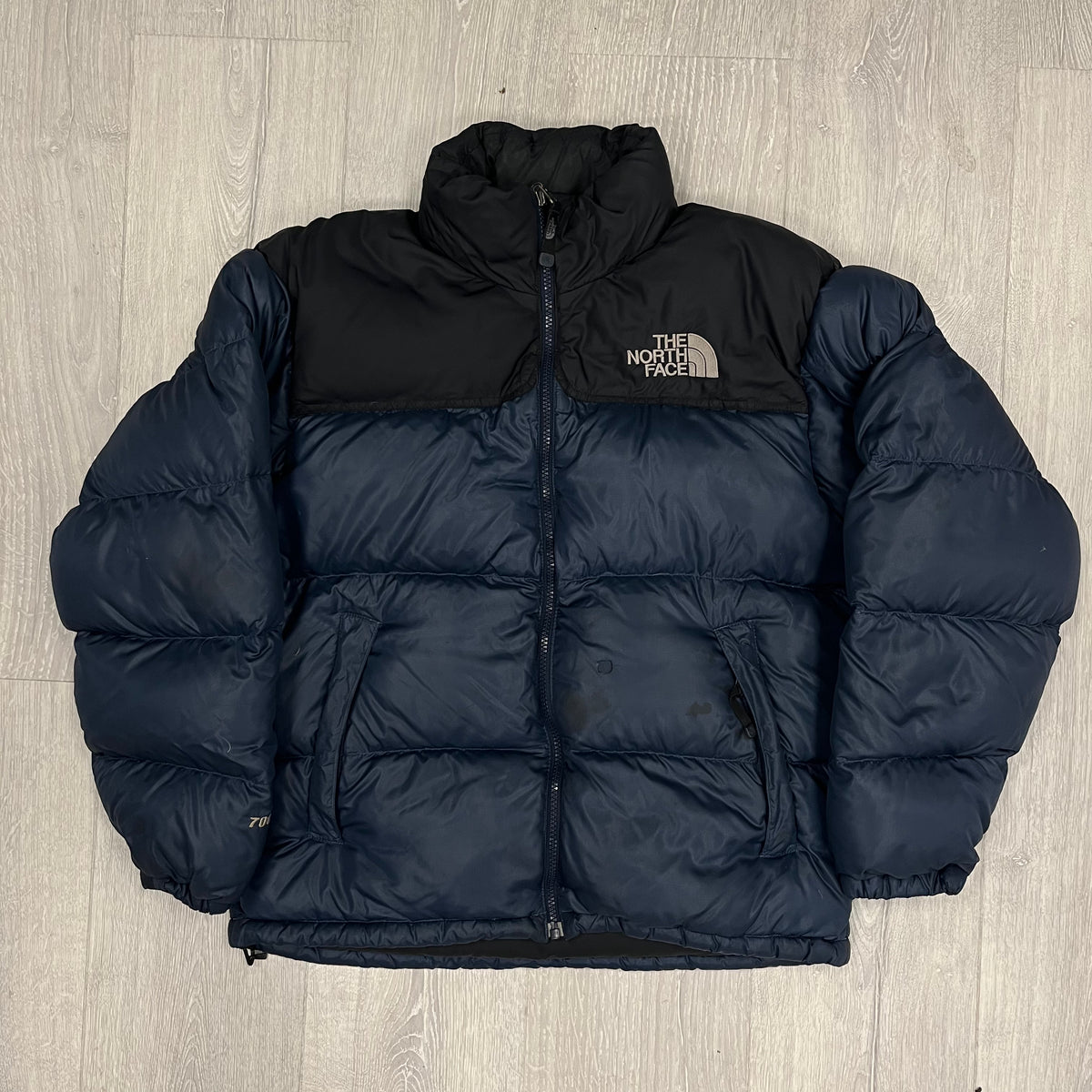 The North Face Navy Blue Puffer Jacket WITH STAIN AND REPAIR | We Vintage