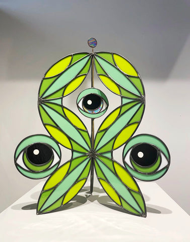 Green and Yellow Stained Glass Eyes Standing Piece