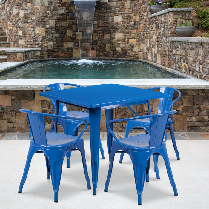 31.5'' Square Blue Metal Indoor-Outdoor Restaurant Table Set with 4 Arm Chairs