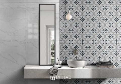 bathroom wall with Moroccan influenced encaustic tile