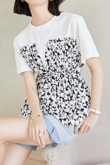 レイヤード風フリル装飾花柄ペプラムTシャツ – liwisi