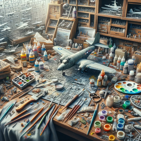 A typical messy scale model makers desk