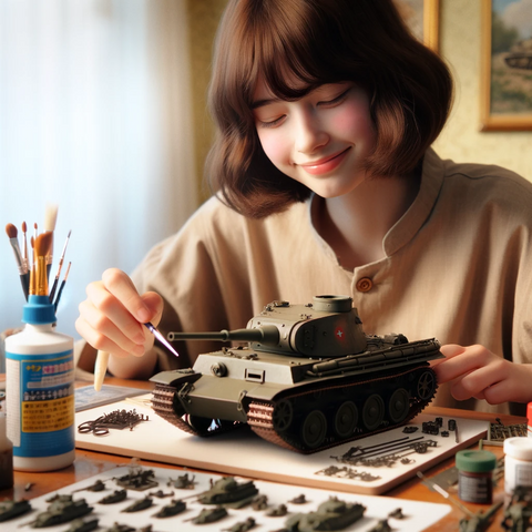 A young girl happily painting a model tank