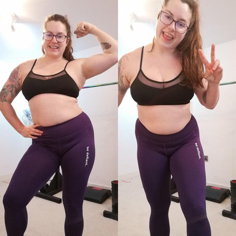 A Woman Wearing a Black Sports Bra And Purple Leggings Flexing Her Bicep Muscle