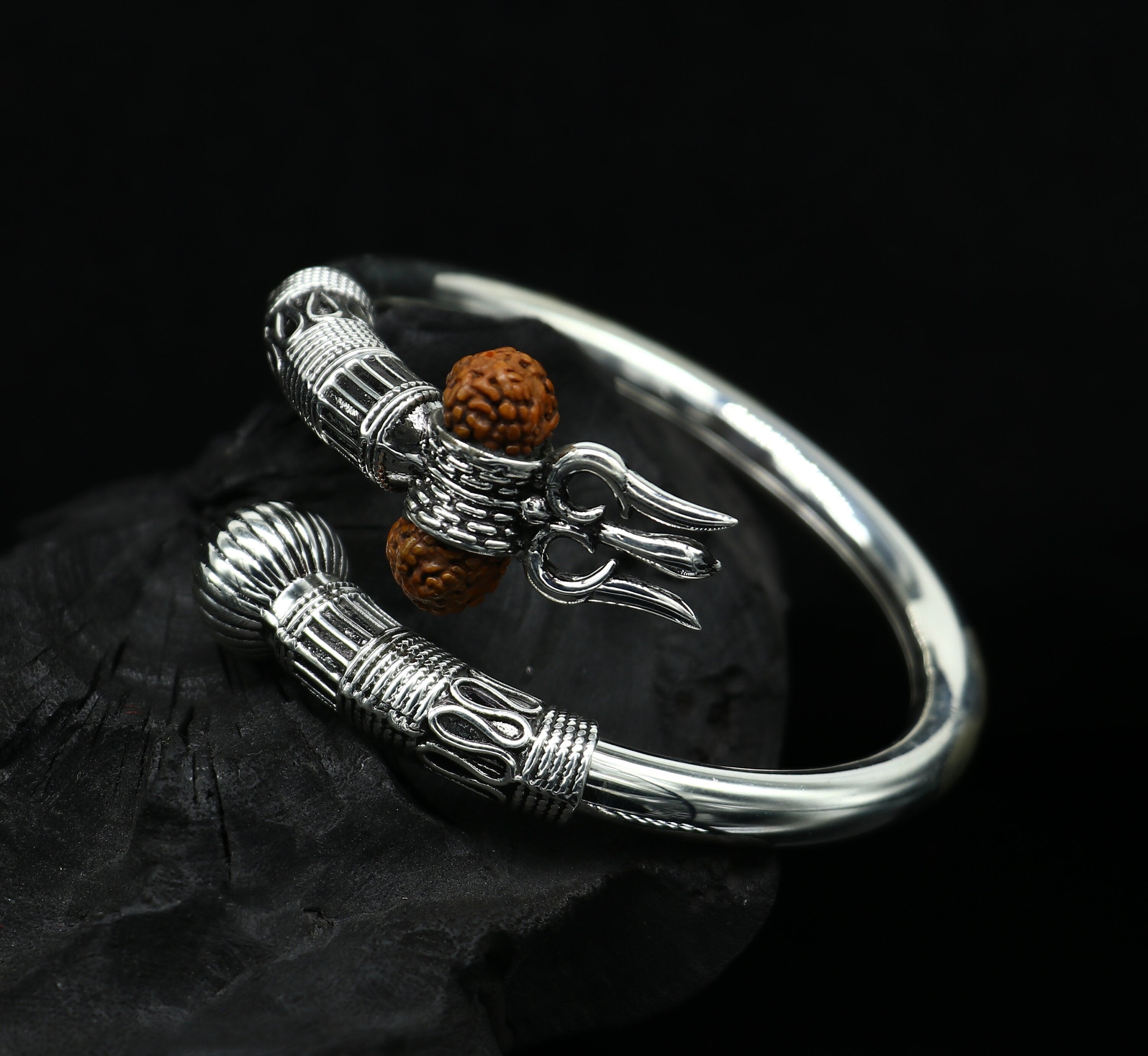 925 Sterling silver handmade chitai work Lord Shiva trident trishul kada bangle  bracelet with natural Rudraksha bahubali kada nsk458 | TRIBAL ORNAMENTS