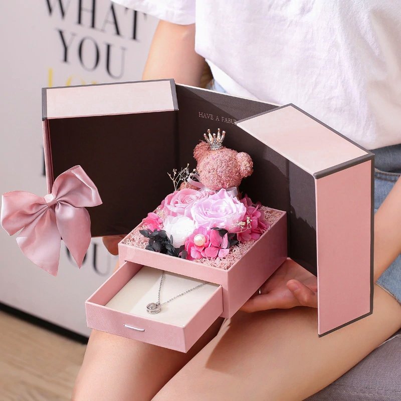 Forever Rose Bear Gift Box w/ Necklace Included