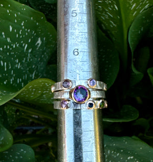 Triple Sterling Silver Stacker Ring With 14k gold-filled accents, Mystic Topaz, Emerald, Amethyst, Moissonite and Tourmaline - Embezzled Metals