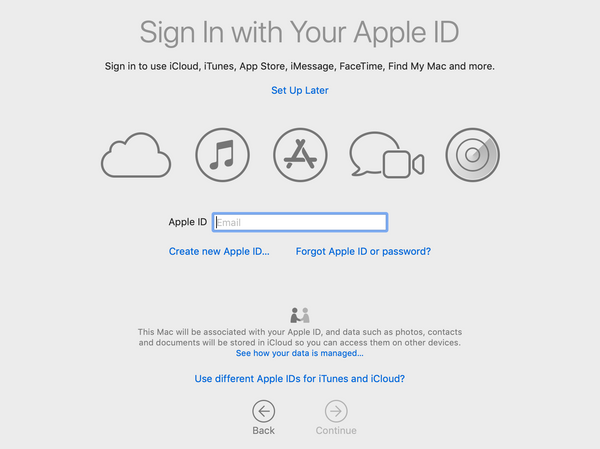 macOS Mojave 10.14 Setup Assistant iCloud Login Screen