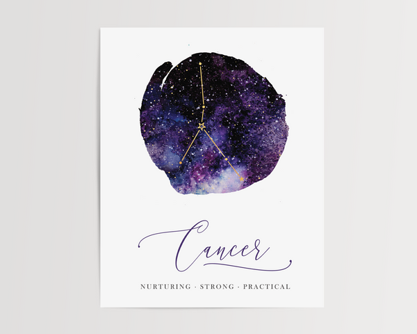 A Cancer Zodiac Sign Art Print from Lucky Dog Design Co. with the star of Cancer and the words "Nurturing. Strong. Practical."