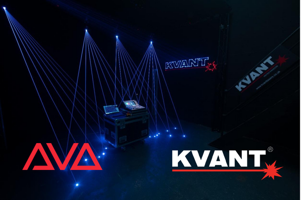 Avolites & Kvant Lasers Logos with laser beam background 