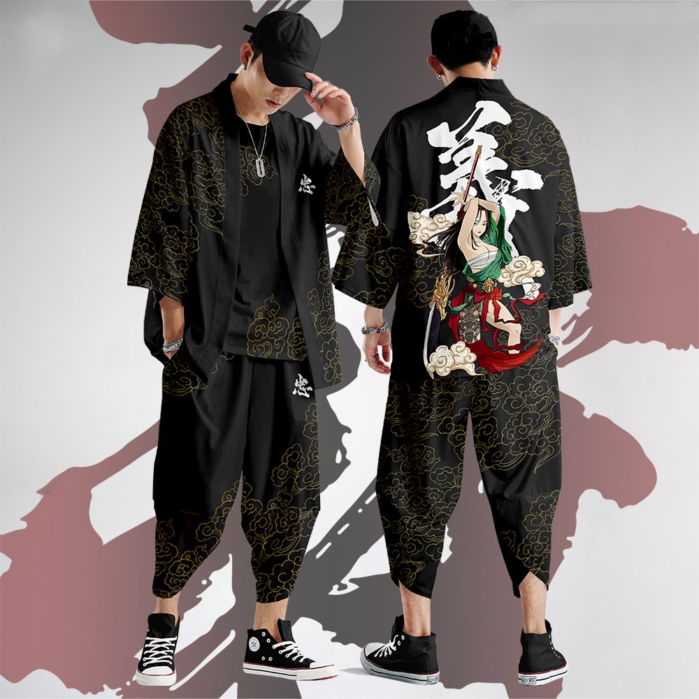 Men Kimono Shirt Pants Set Yukata Tops Elastic Waist Capri Trousers Casual