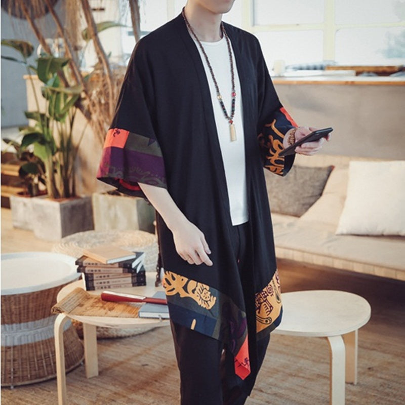 Black Japanese Crane Mens Two-Piece Kimono Yukata Top & Pants Sets