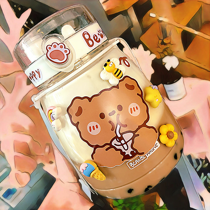 Kawaii Bear White Pink Rectangle Plastic Bottle With 3D Sticker