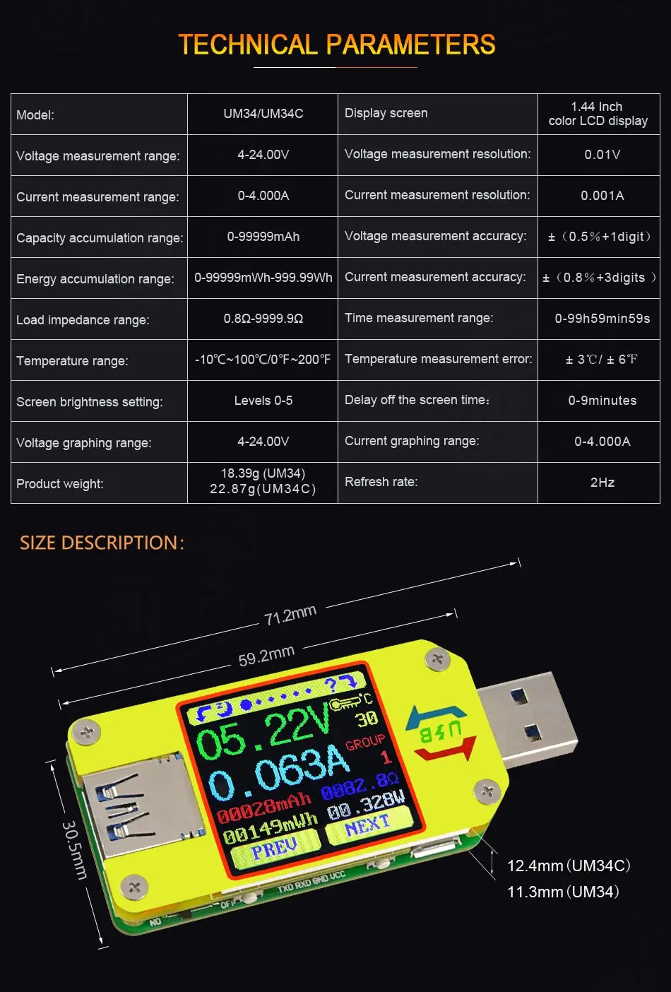 UM34C UM25C UM24C Color LCD Display USB Voltage Tester