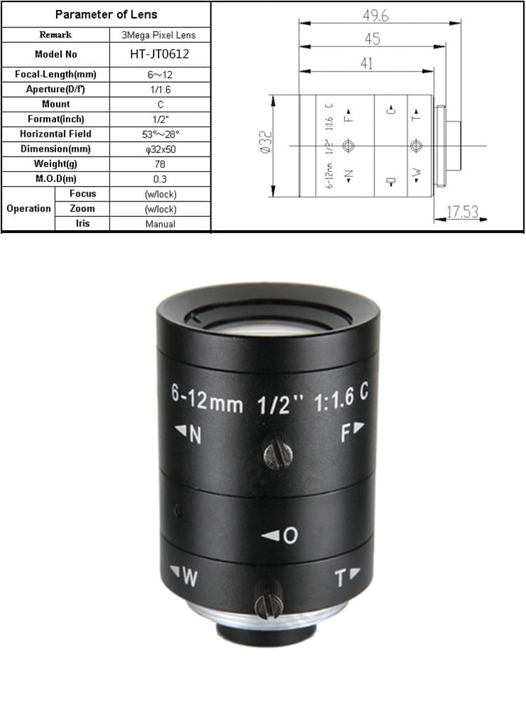 Machine Vision Lens HD 5MP Zoom 6-12mm C-Mount Industrial