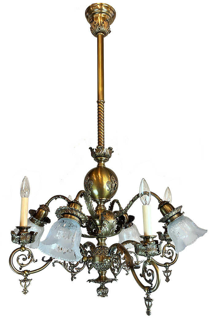 Antique Circa 1930 Eight Light Cast Scroll Arm Brass Chandelier with O -  Turn of the Century Lighting