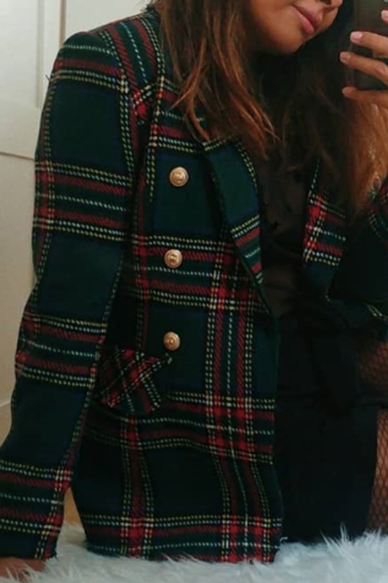 Hip-Length Plaid Lapel Double Breasted Coat