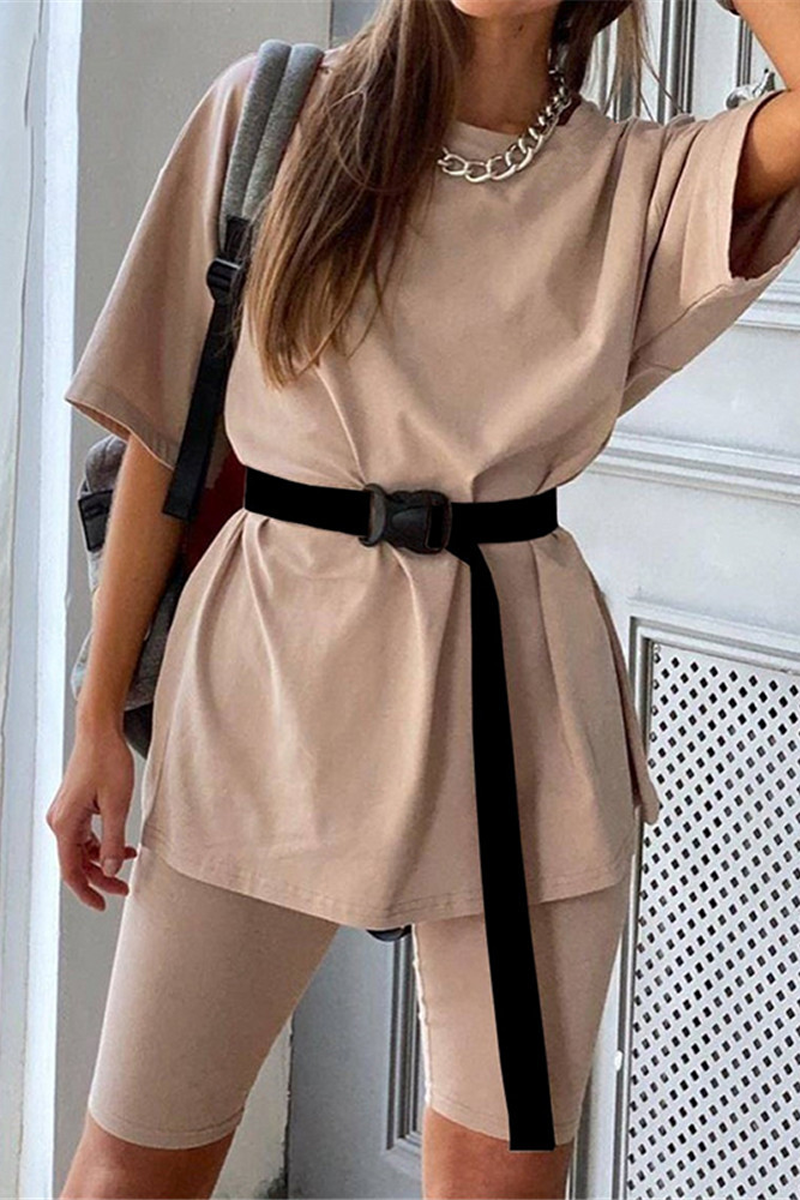 Solid Casual Sport Belted Two Pieces Sets