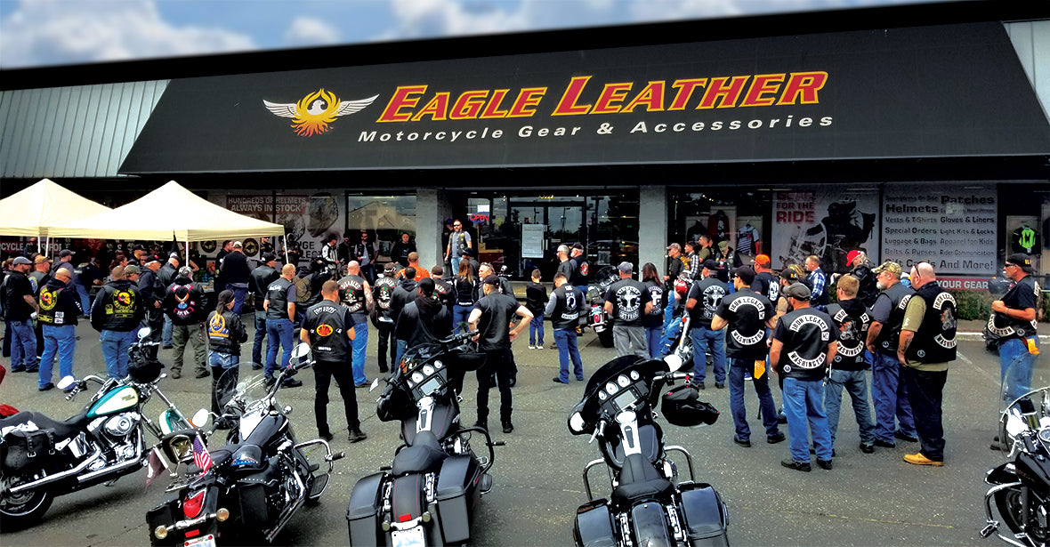 Eagle Leather store front with bikes and patrons gathering