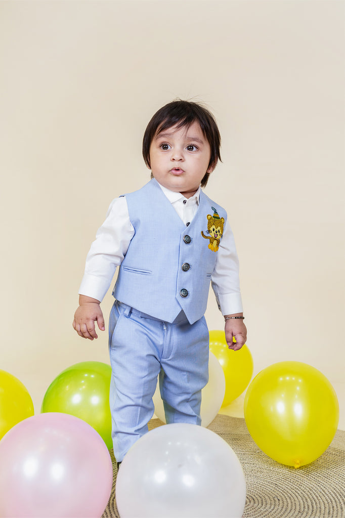 Jeetethnics Boys Khaki Checked Waistcoat Set with Shirt and Trousers