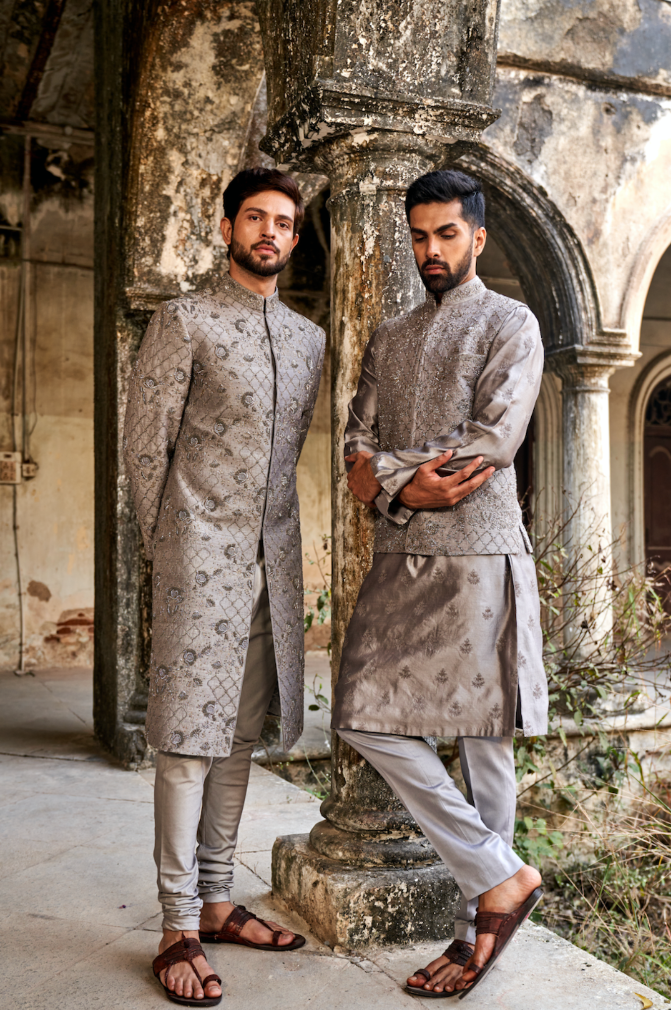 Pink Readymade Zari Embroidered Groom Sherwani Set