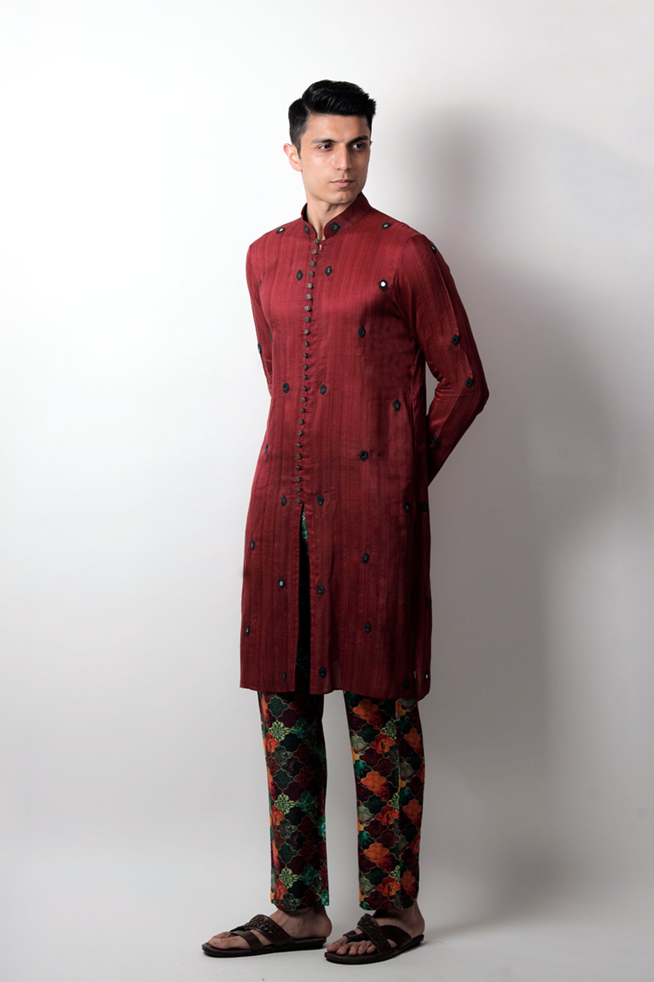 Mayank Modi - Men Linen Printed Kurta, Black, Linen, Round, Full