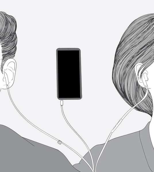 couple, phone, earphones