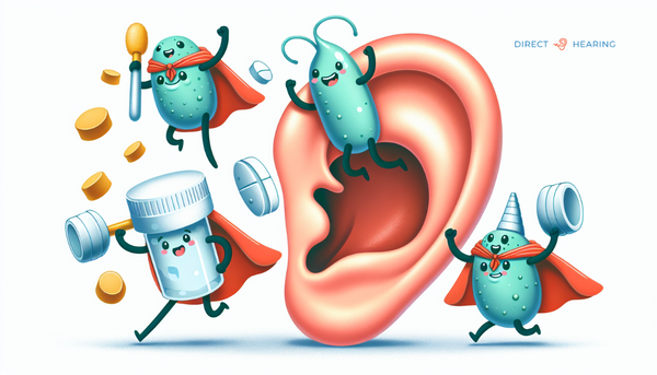 Whimsical illustration of antifungal ear drops and oral medications