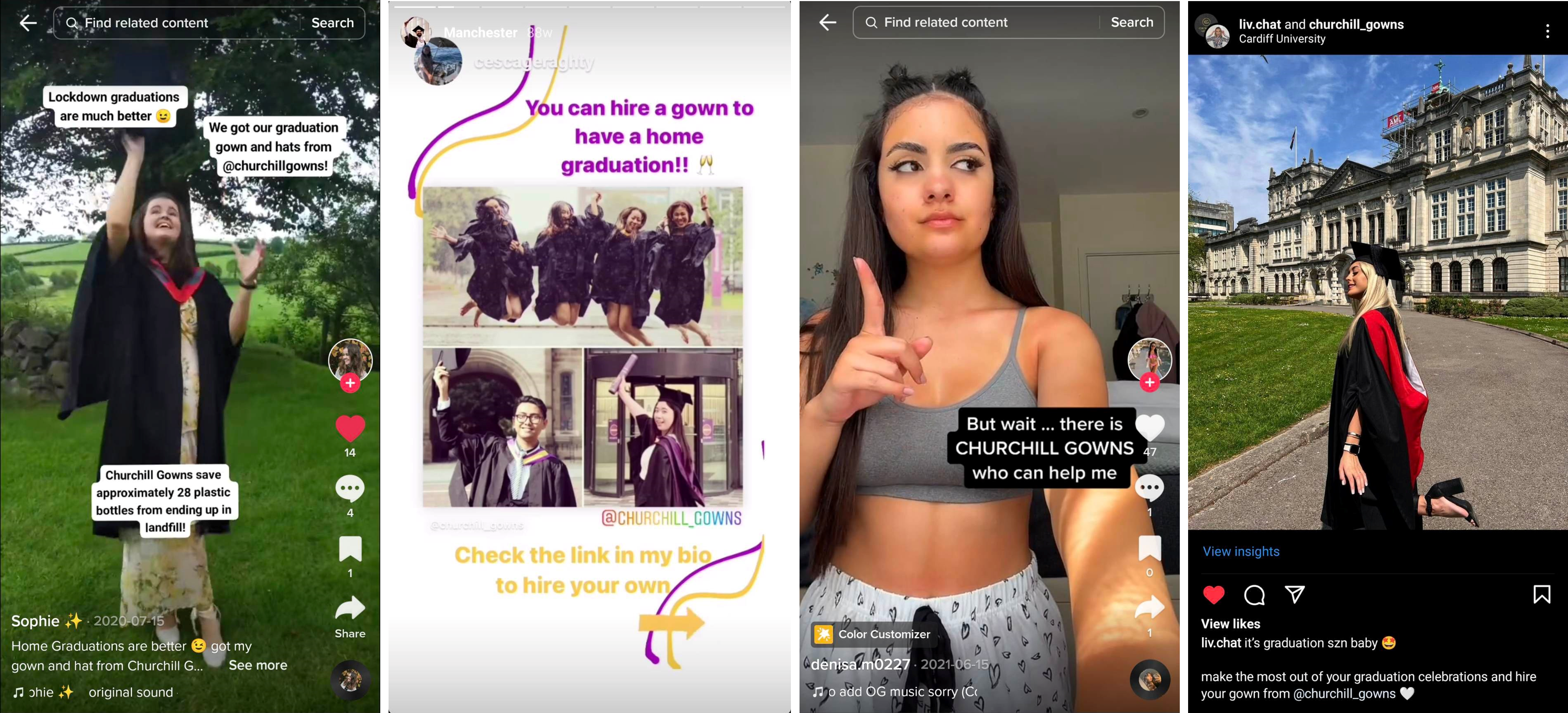 A range of students promoting Churchill Gowns on social media