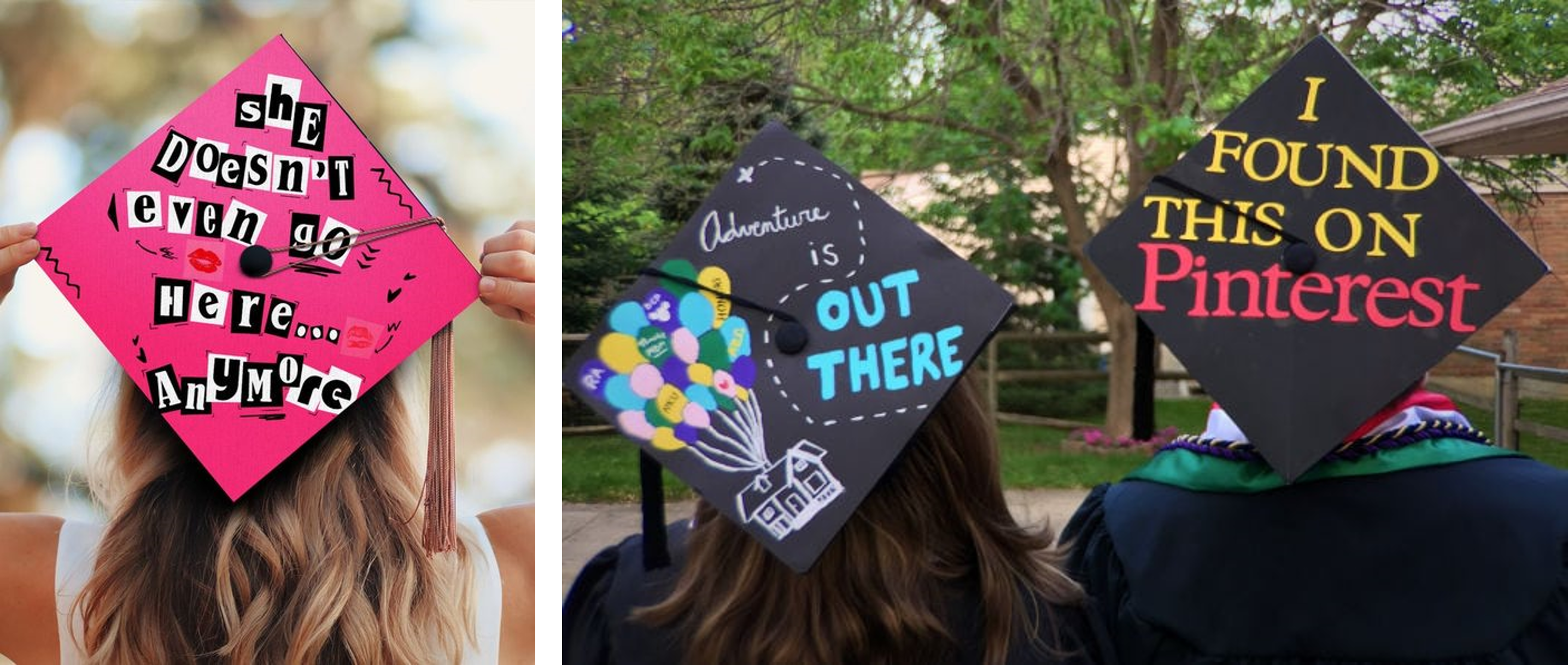 Students wearing decorated caps to graduation