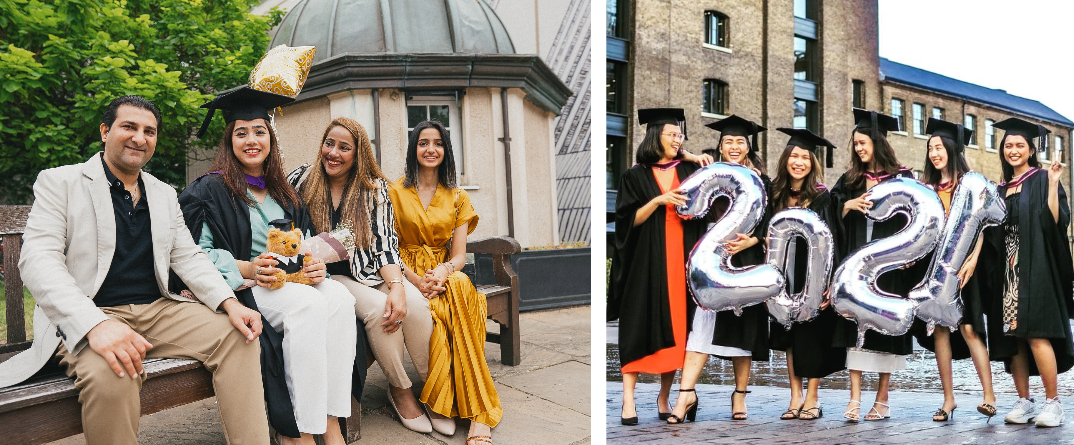 Students posing for graduation pictures with family and friends