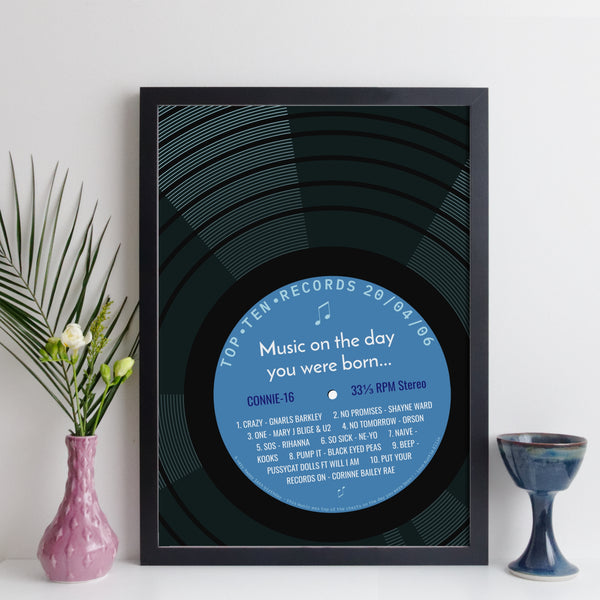 personalised 16th birthday top ten songs music print