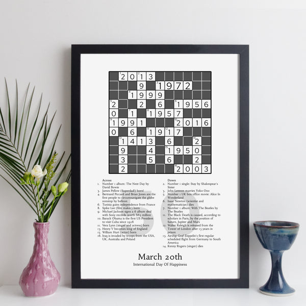 personalised 'on this day in history' 50th birthday crossword print